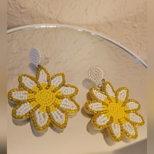 Yellow and White Beaded Flower Earrings